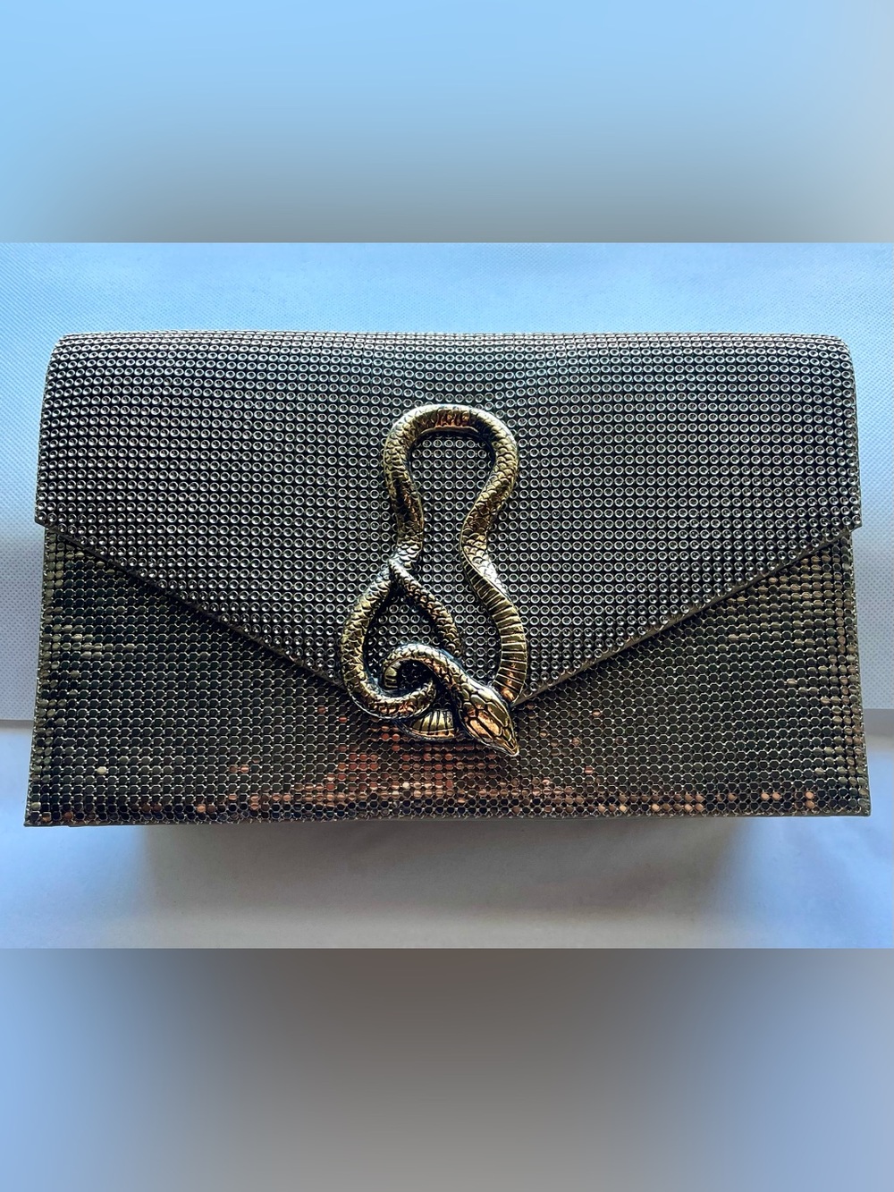 Whiting & Davis Bronze Mesh Clutch with Snake Motif